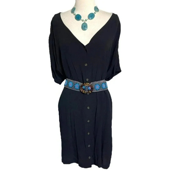 Bohemian pink + blue embroidered reversible belt with turquoise shell buckle L - Picture 8 of 8